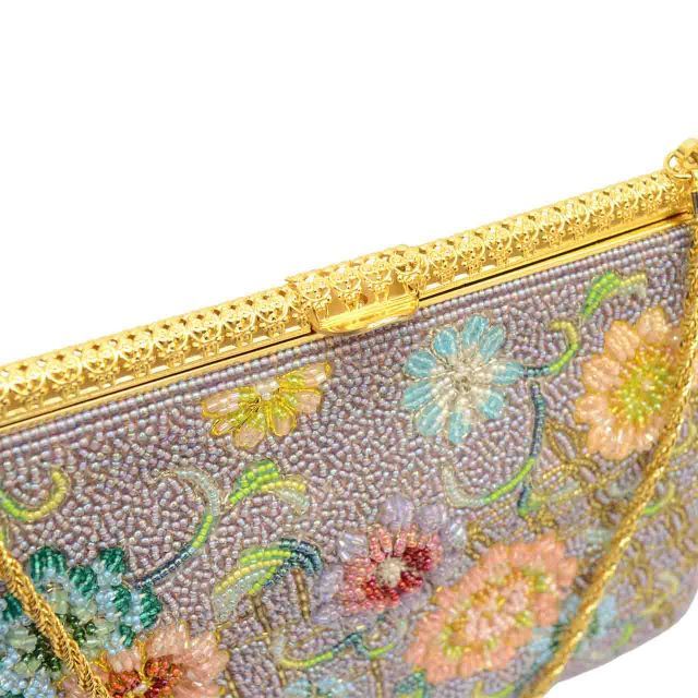 ビーズバッグ リサイクルバッグ ビーズ 花文様 紫色系 アンティーク