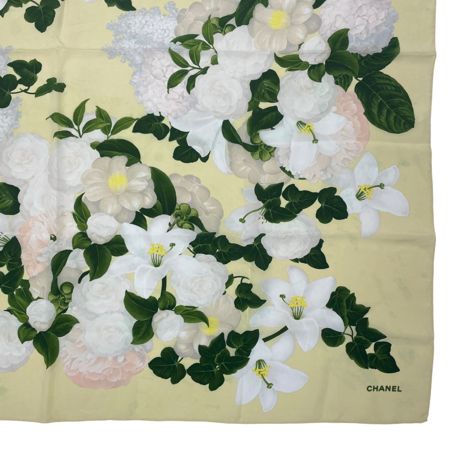 極美品 CHANEL シャネル スカーフ シルク カメリア 花柄 イエロー