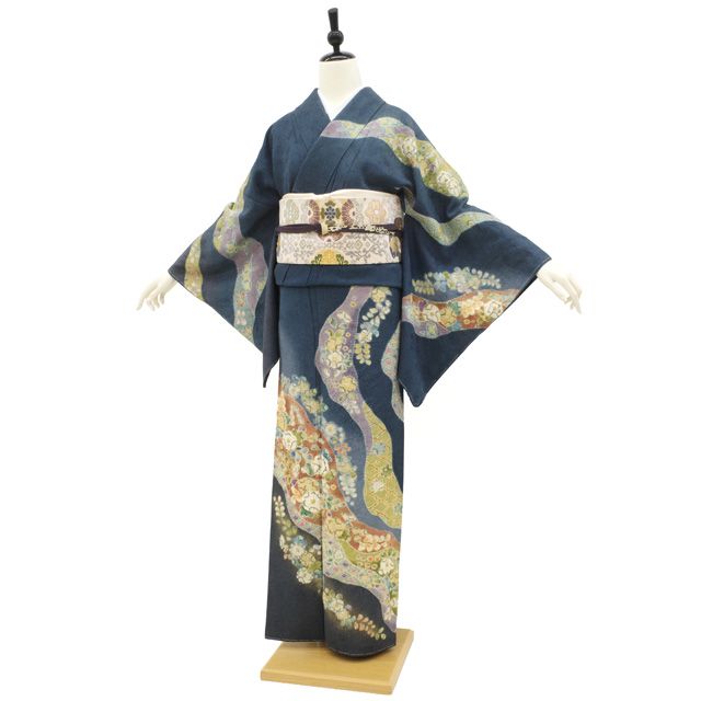 正絹　美品　袷　カジュアル　フォーマルどちらもOK 訪問着　染め柄　水色　紺 正絹 美品 袷 カジュアル フォーマルどちらもOK 訪問着 染め柄 水色 紺