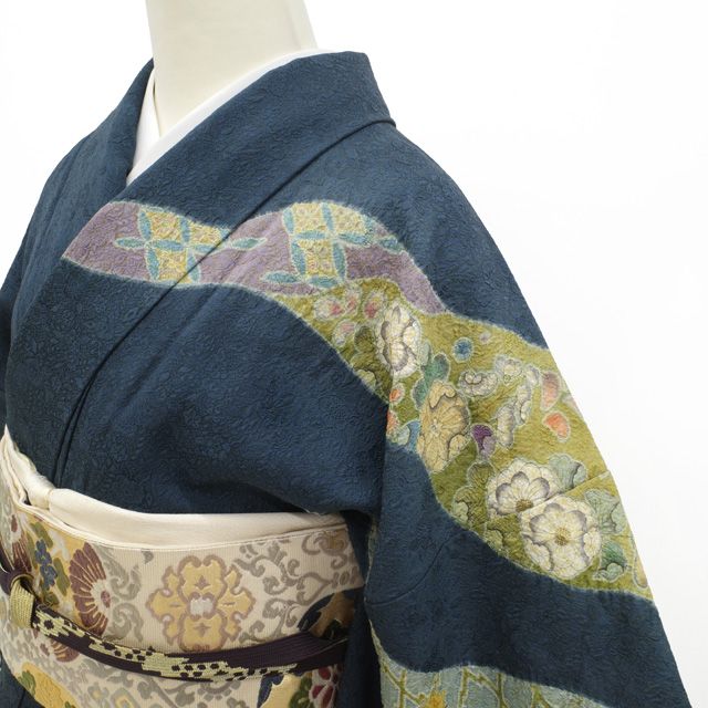 正絹　美品　袷　カジュアル　フォーマルどちらもOK 訪問着　染め柄　水色　紺 sb13551_1.jpg