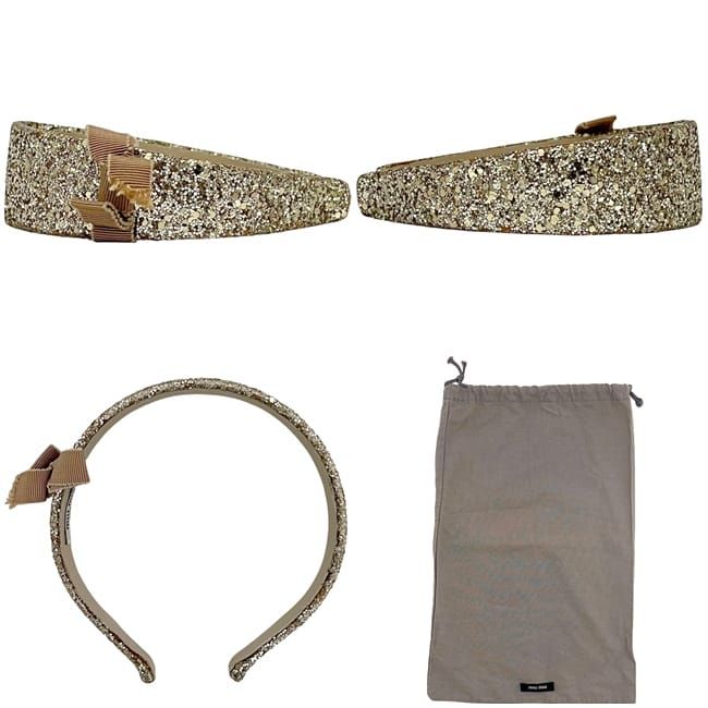 ミュウミュウ カチューシャ ゴールド 美品 ラメ レザー 中古 miu miu