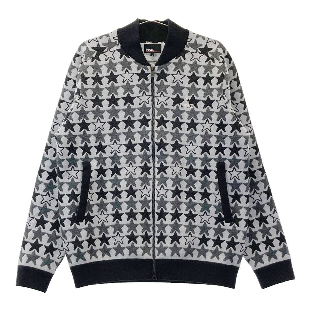 サイズ：L PING ピン 裏地付 ニット ジップジャケット 星 総柄