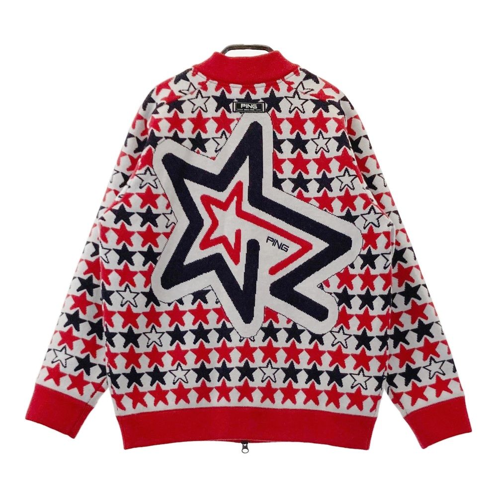サイズ：L PING ピン 裏地付 ニット ジップジャケット 星 総柄 レッド