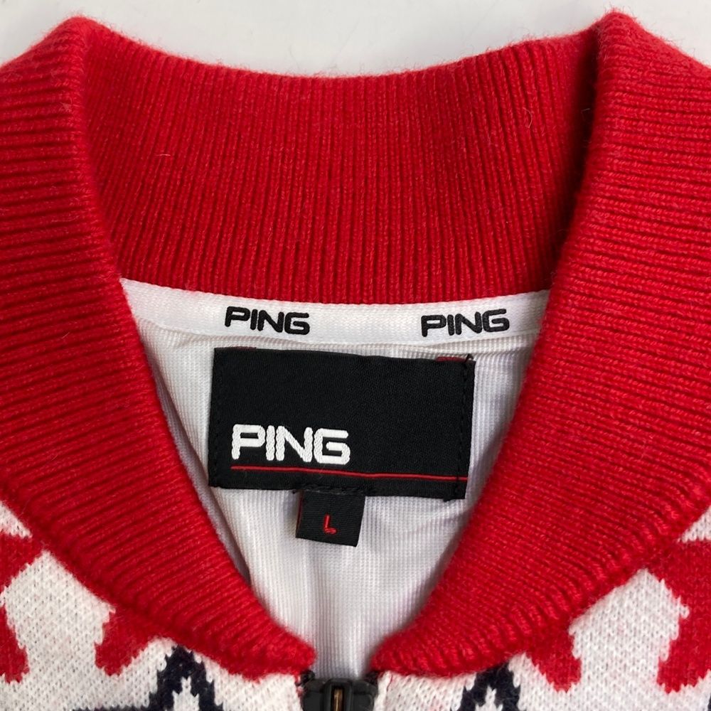 サイズ：L PING ピン 裏地付 ニット ジップジャケット 星 総柄 レッド