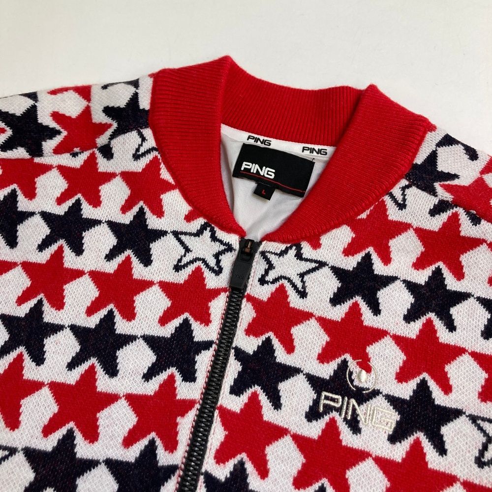 サイズ：L PING ピン 裏地付 ニット ジップジャケット 星 総柄 レッド