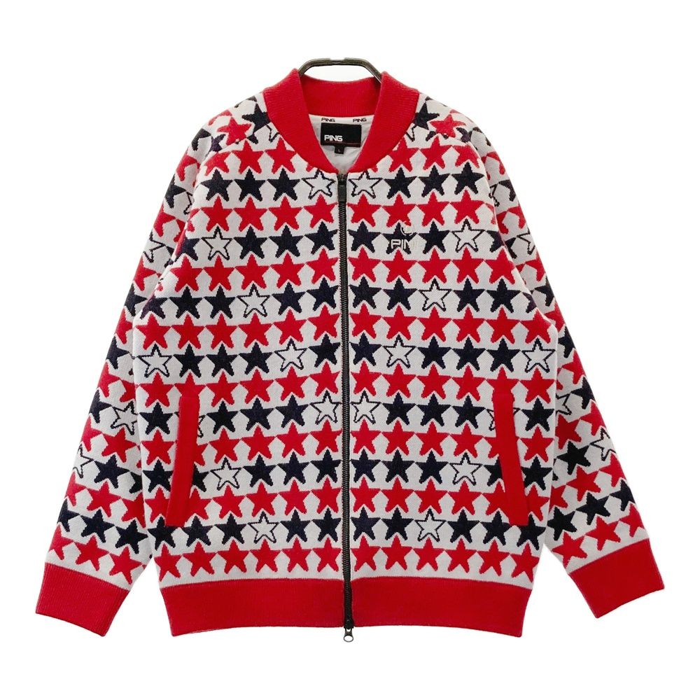 サイズ：L PING ピン 裏地付 ニット ジップジャケット 星 総柄 レッド