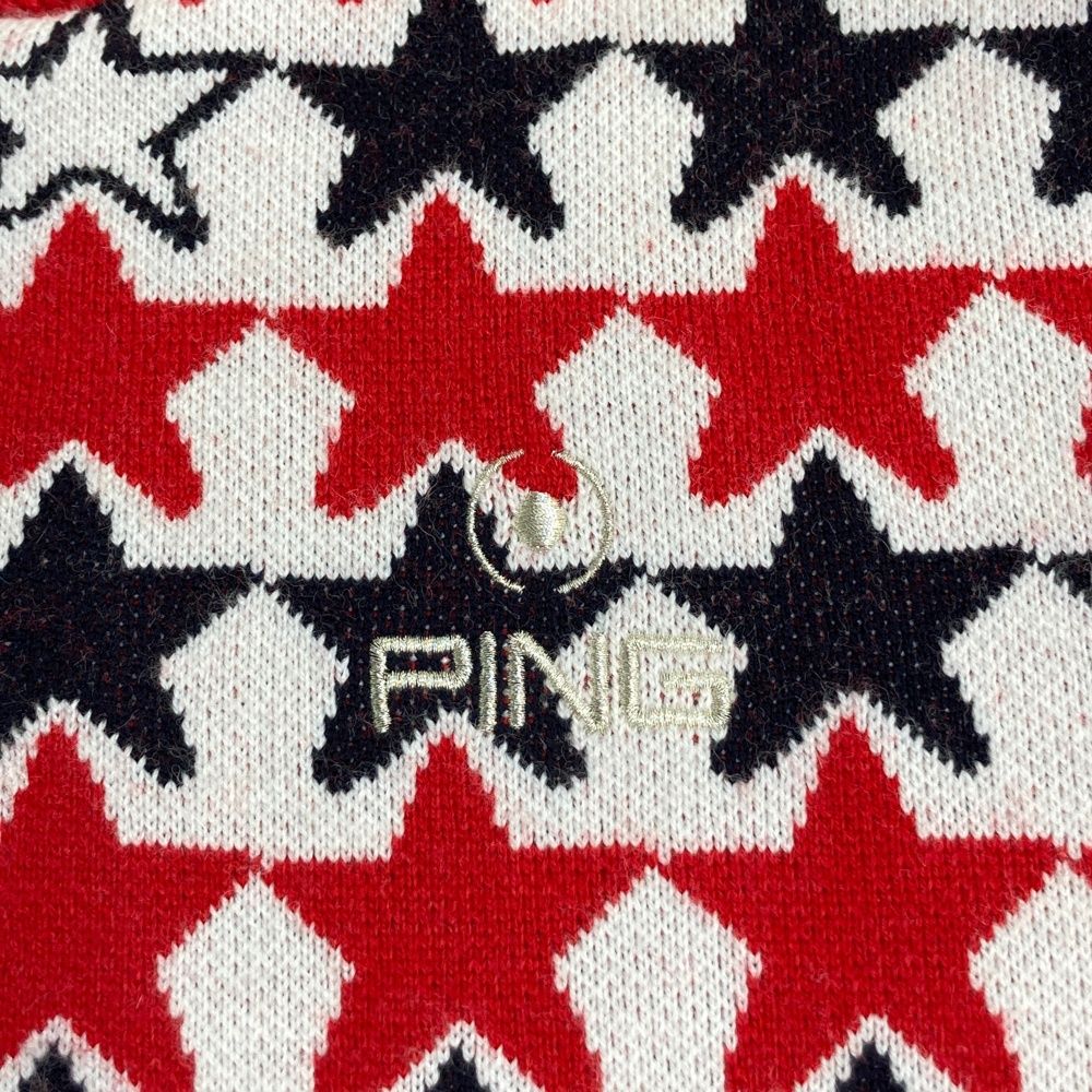 サイズ：L PING ピン 裏地付 ニット ジップジャケット 星 総柄 レッド