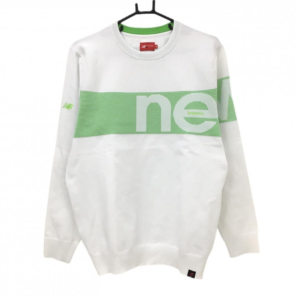 ニューバランスゴルフ セーター 白×ライトグリーン 一部ボーダー ロゴ