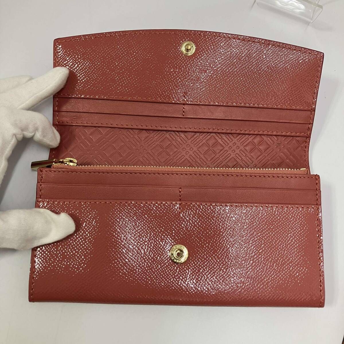美品 Burberry バーバリー エナメル パテントレザー ピンク ロング 