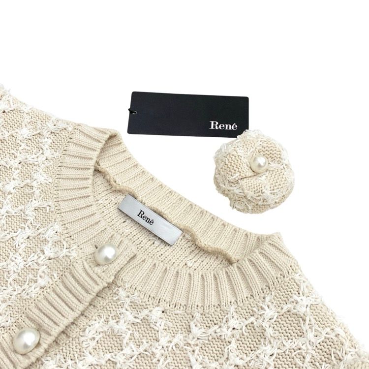 Rene ルネ ニット カーディガン カメリア付 パールボタン ベージュ 36