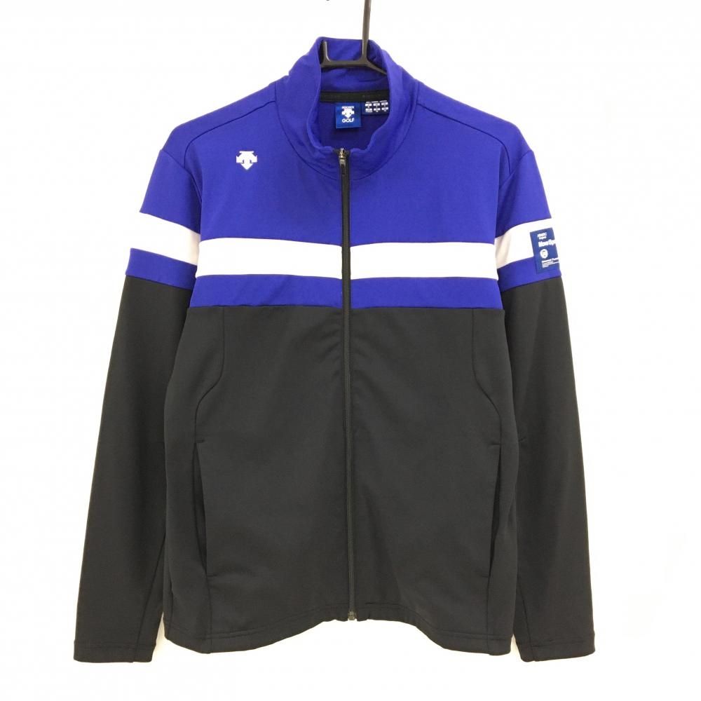 超美品】デサントゴルフ ハイネックジャケット 黒×ブルー 肩ロゴ 袖