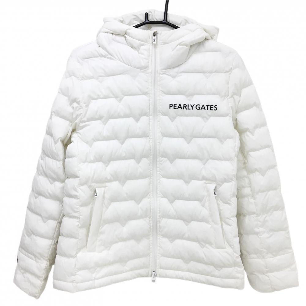 美品】パーリーゲイツ フード付中綿ジャケット 白 地模様 ロゴ黒