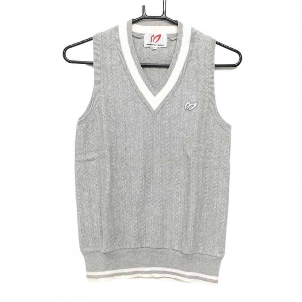 美品】マスターバニー ニットベスト 杢グレー×白 胸ロゴ カシミヤ混 V