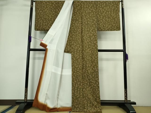 平和屋着物○極上 小紋 鳥獣戯画 媚茶色 縮緬地 逸品 DZAB3726kh6