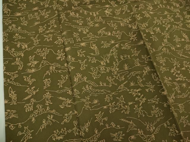 平和屋着物●極上　小紋　鳥獣戯画　媚茶色　縮緬地　逸品　DZAB3726kh6 平和屋着物○極上 小紋 鳥獣戯画 媚茶色 縮緬地 逸品 DZAB3726kh6