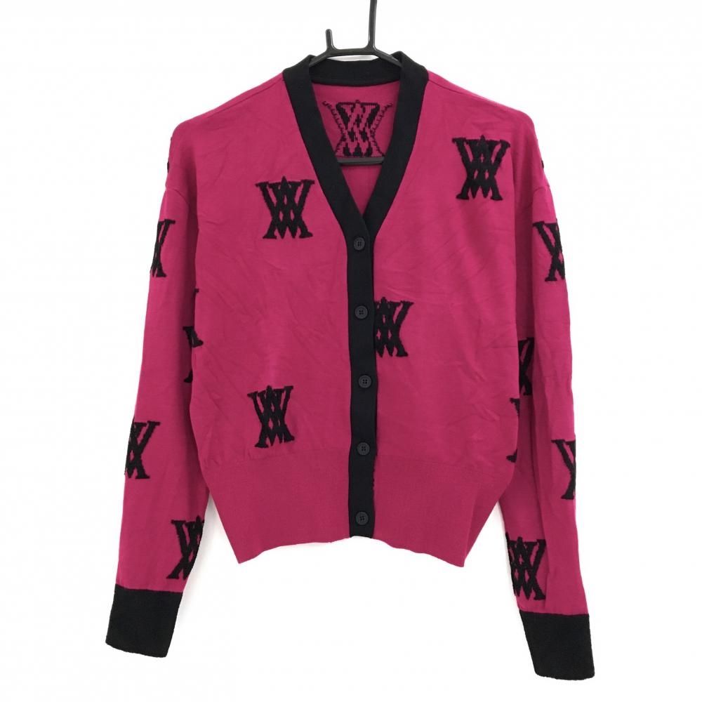 超美品】アニューゴルフ ニットカーディガン ピンク系×黒 ロゴ総柄