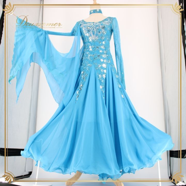【社交ダンス衣装】スカイブルー ワンピース ドレス 水色 ラインストーン 装飾 社交ダンス 衣装 スタンダード ドレス ワンピース パーティドレス