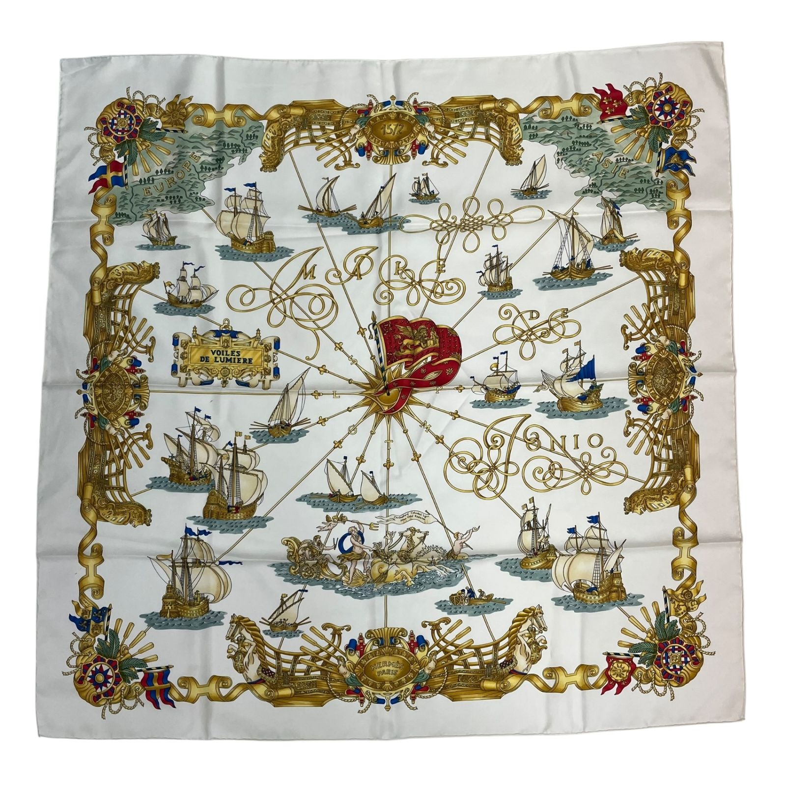 エルメス　HERMES カレ　90美品 マリン　神話　光の帆船　シルク100 極美品 HERMES エルメス カレ90 シルク スカーフ VOILES DE LUMIERE 光