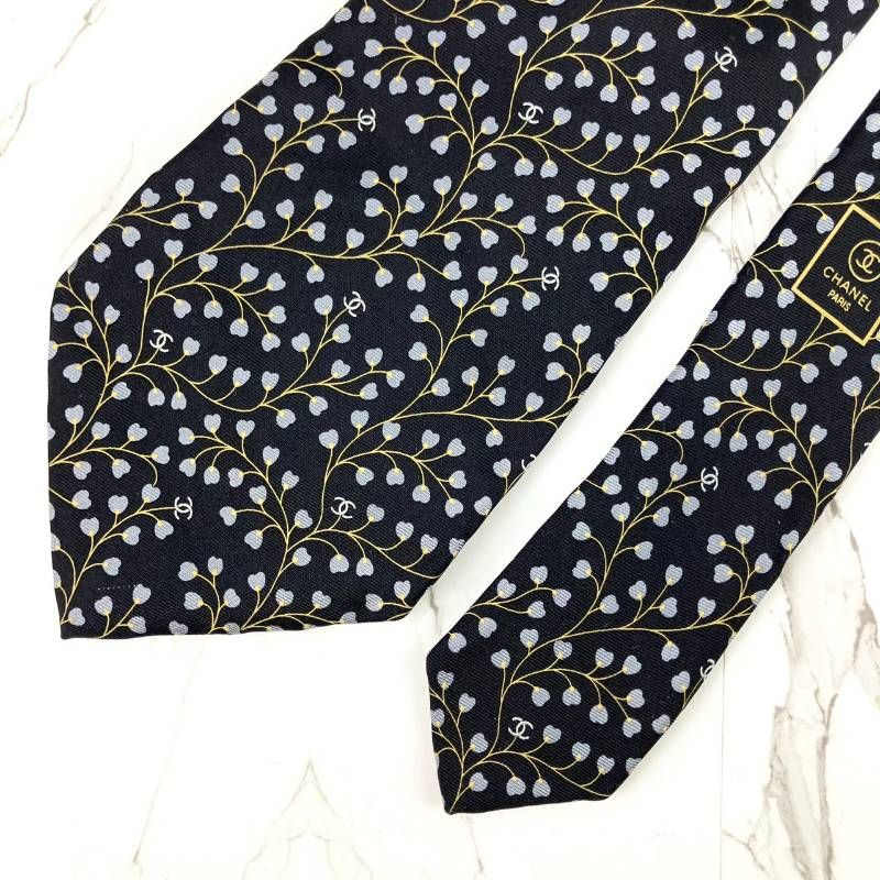 CHANEL シャネル ネクタイ ココマーク ロゴ ハート総柄 チェーン