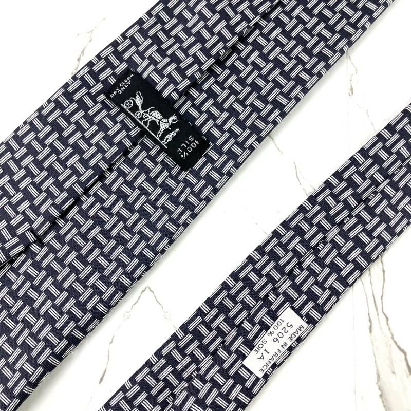 美品 HERMES エルメス ネクタイ H柄 Hパターン ダークネイビー 光沢 肉