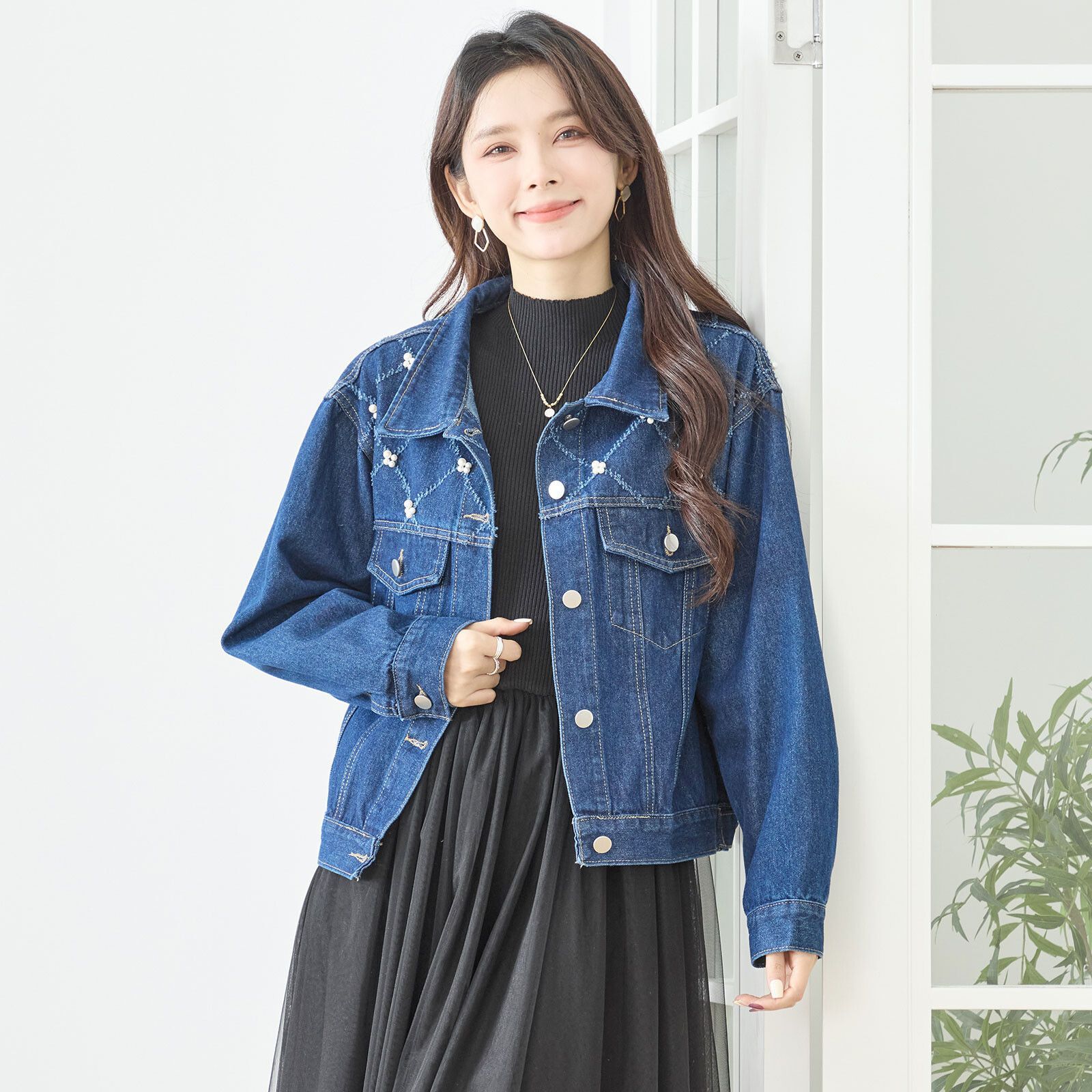 ☆TRUBE☆】パール ステッチワーク デニムジャケット M〜L (N22-291