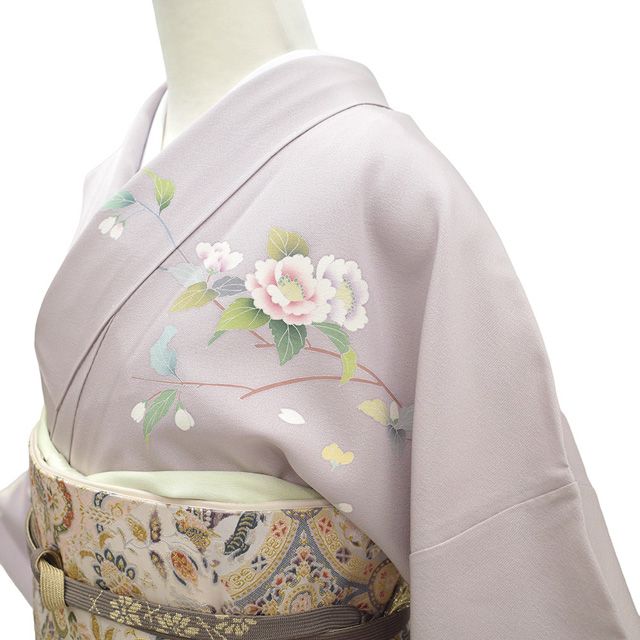新古品】 訪問着 着物 未使用 フォーマル 正絹 袷 手描き友禅 淡灰紫