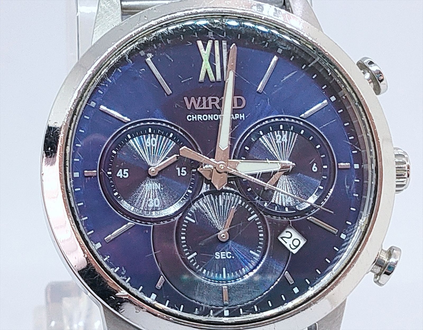 稼働品 SEIKO 腕時計 クロノグラフ 青文字盤 コンビ メンズ 