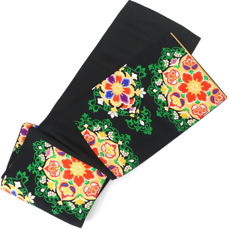 袋帯 フォーマル ふくろ帯 正絹 六通柄 黒 華文 豪華 長さ409cm 幅31cm