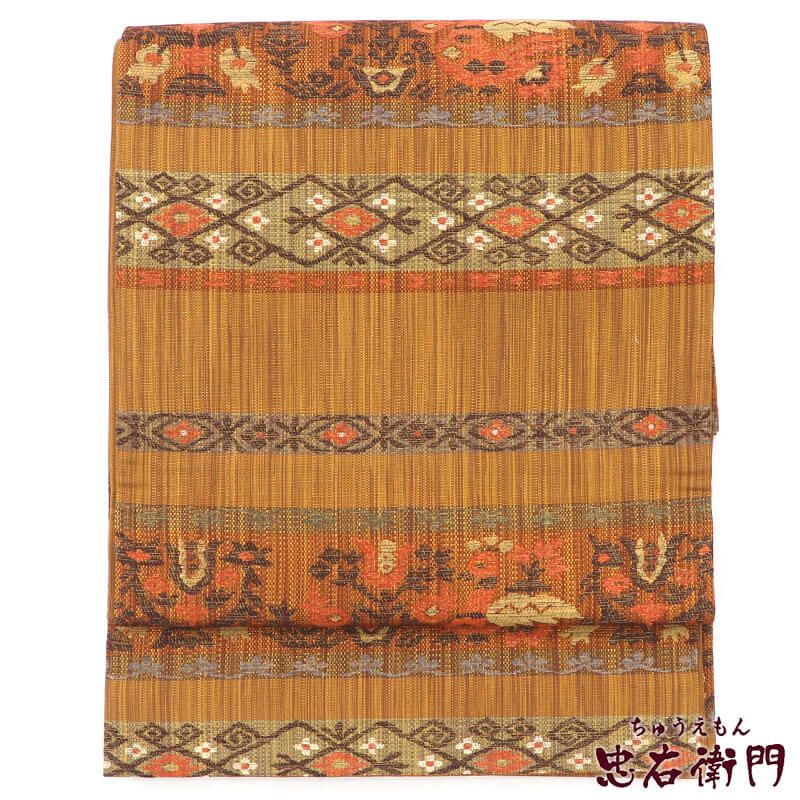 袋帯 洒落用 おしゃれ袋帯 正絹 六通柄 金茶 段々柄 オリエンタル柄 長