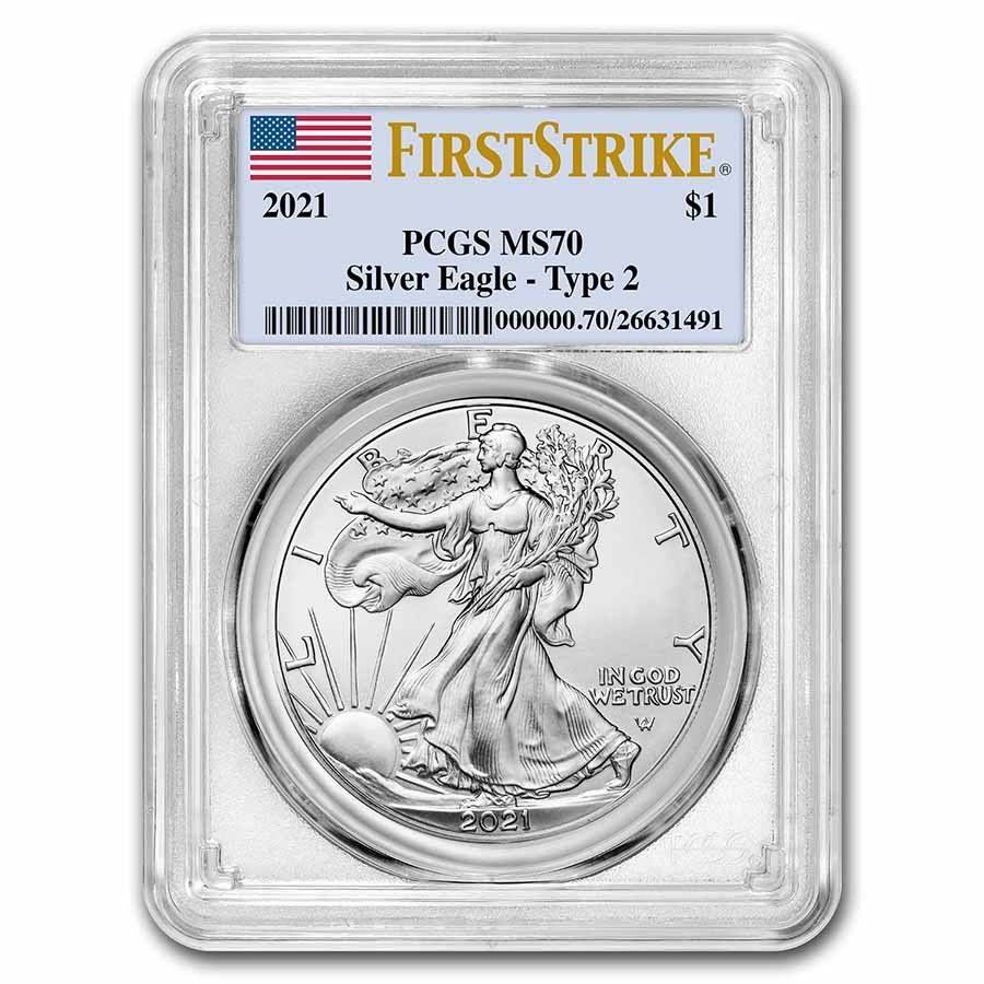 【新品】シルバー イーグル銀貨2021 Eagle PCGS MS70 T1 2021年 アメリカンシルバーイーグル（タイプ2）MS-70 PCGS（ファースト