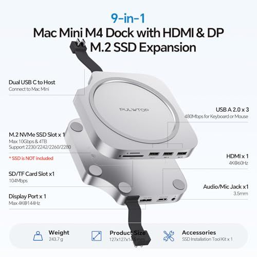 PULWTOP USB C ハブ ドッキングステーション Mac Mini M4/M4 Pro 2024