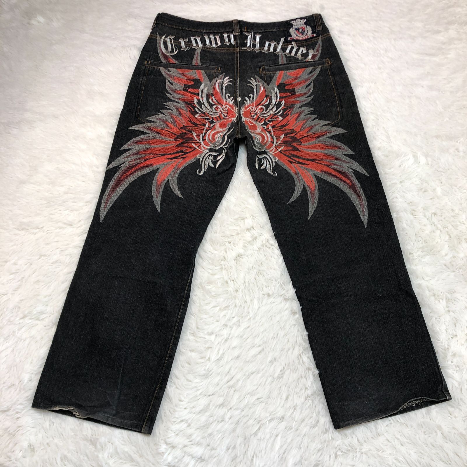 Crown Holder】刺繍デニムパンツ ／羽 和柄風 鳳凰風 36 W35相当