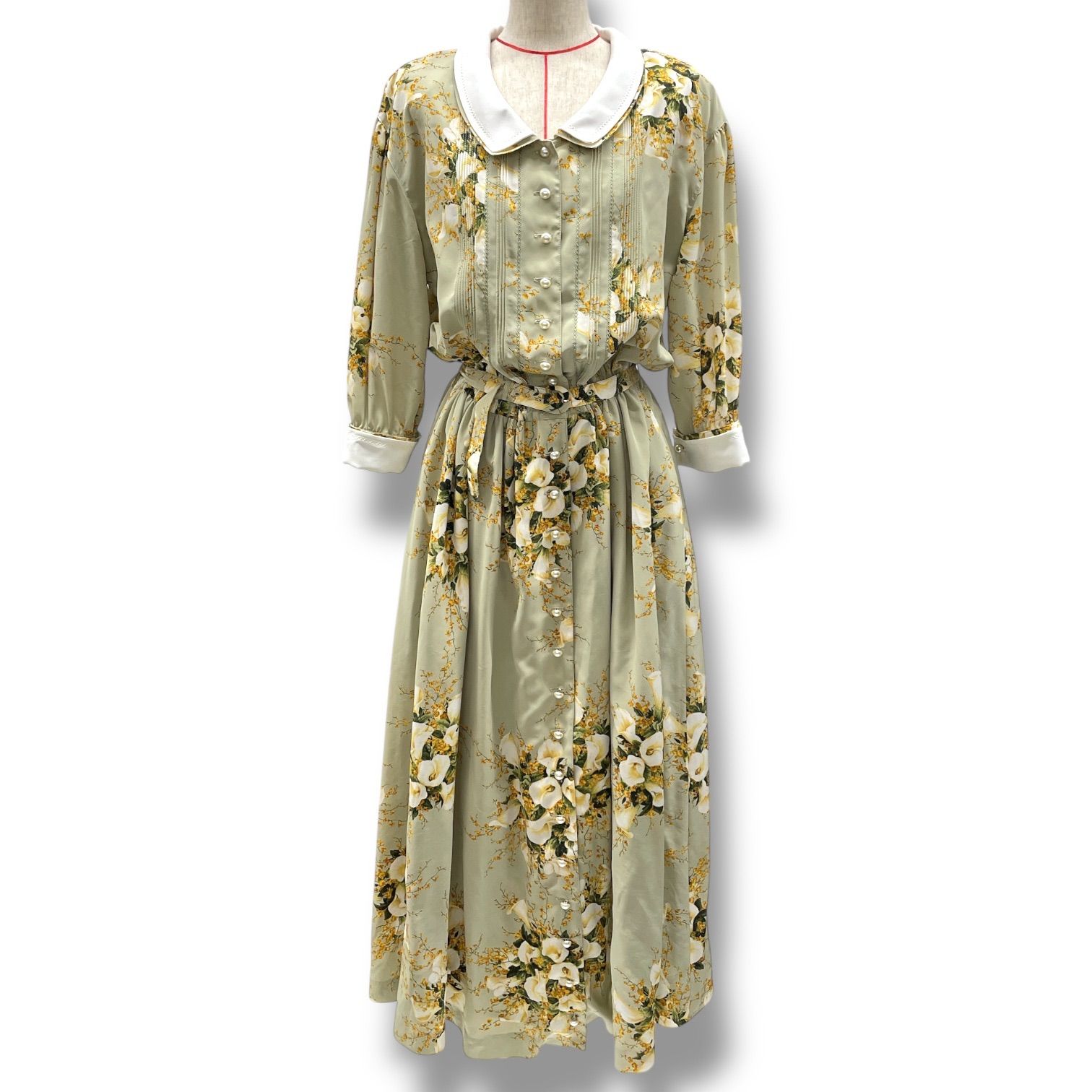 INGEBORG インゲボルグ 薄荷カラー 花柄ワンピース ベルト付き シャツ