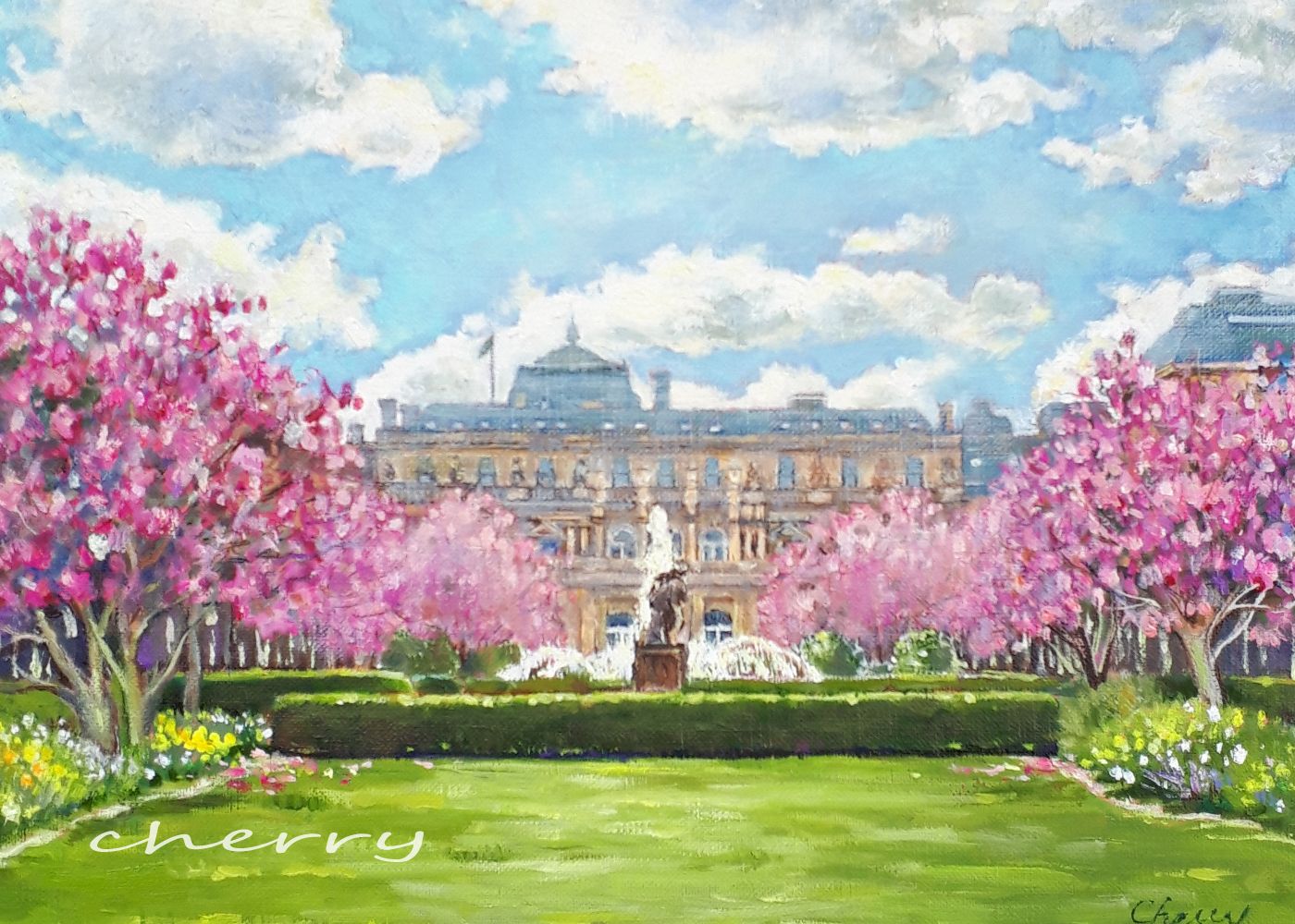 一点物】『 パリのお花見 』油絵 F4号 油彩 絵画 インテリアアート