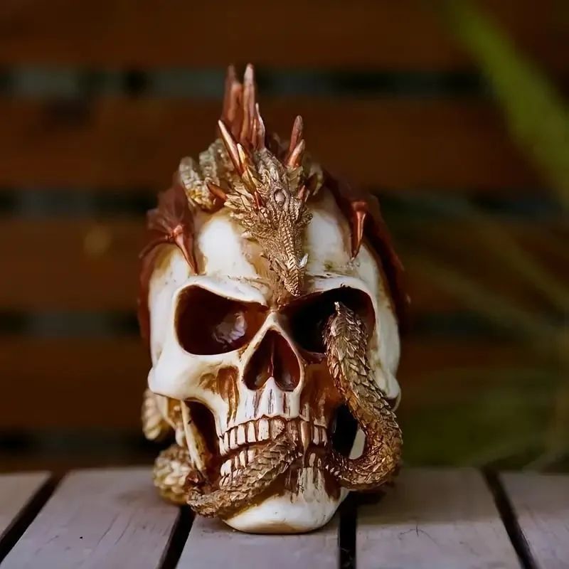 新品?未使用】 樹脂製ドラゴンとドクロのオブジェ オブジェ 置物 龍