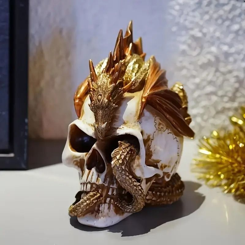 新品?未使用】 樹脂製ドラゴンとドクロのオブジェ オブジェ 置物 龍