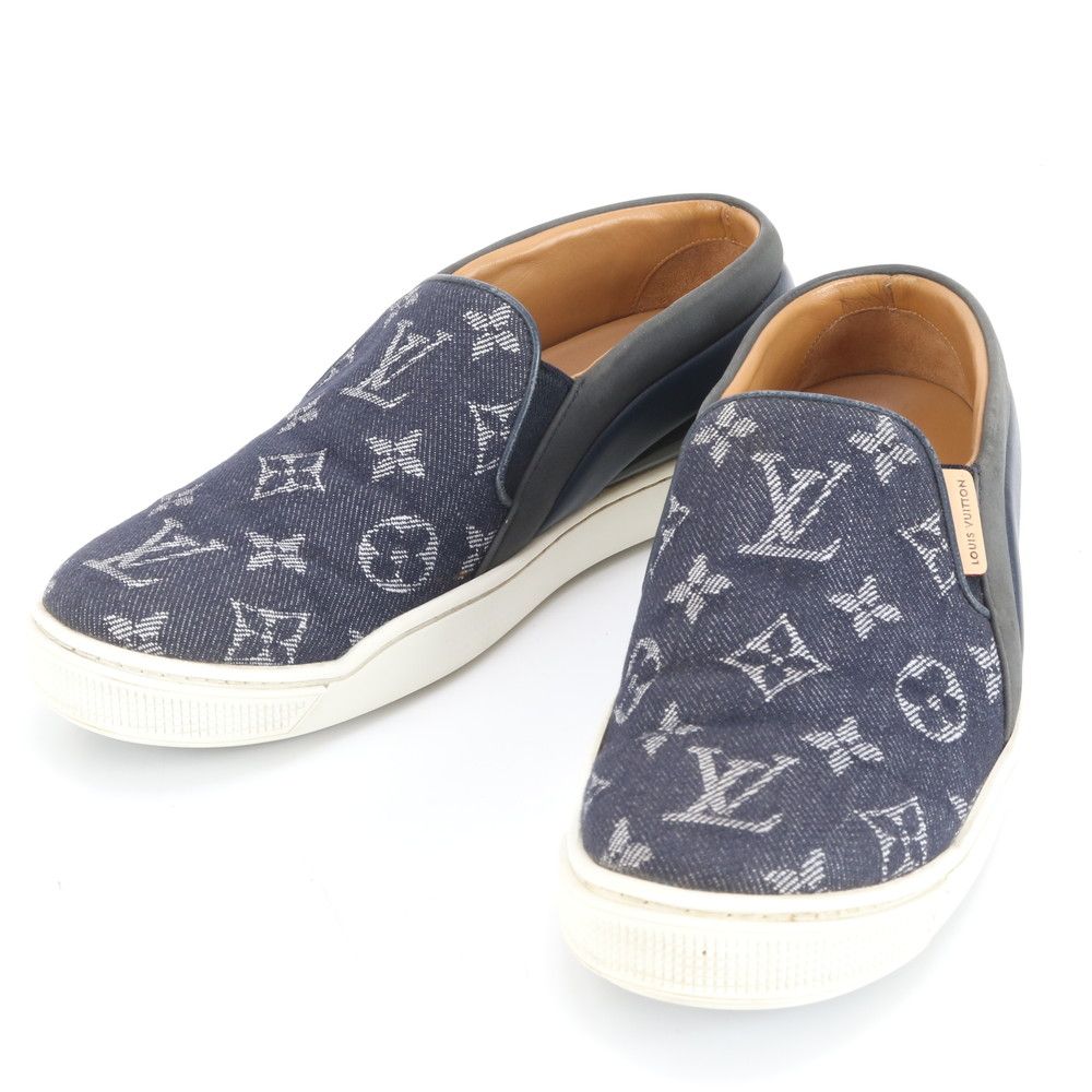 美品 ルイヴィトン モノグラム デニム 36 レザー スリッポン