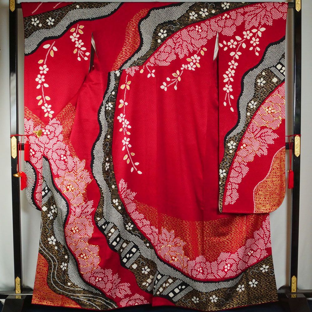 振袖セット 振袖・袋帯 2点 セット 絞り 道長取に牡丹、花唐草模様 裄