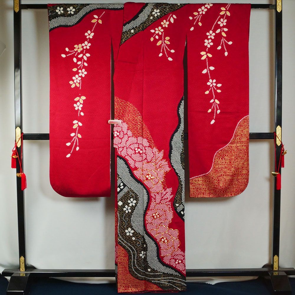 振袖セット 振袖・袋帯 2点 セット 絞り 道長取に牡丹、花唐草模様 裄