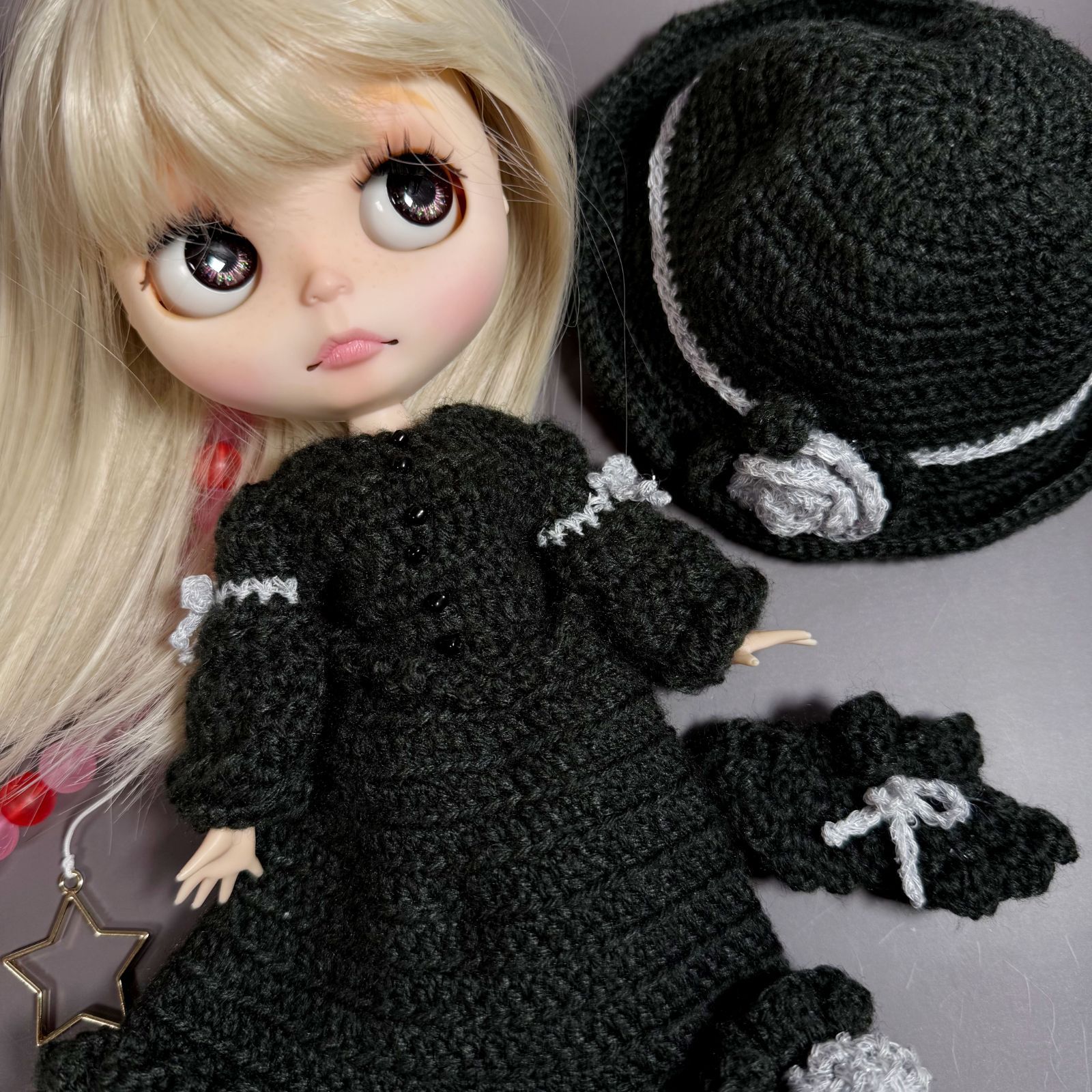 1/6 アウトフィット ワンピース ケープ付 帽子 ニット チャコール