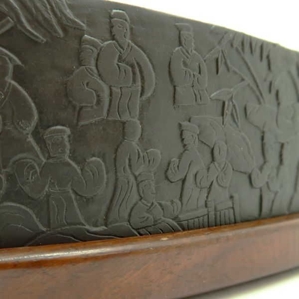 蘭亭硯 曲水の宴 古硯 中国古玩 書道具 約17.5cm 約1960g 木製上下蓋