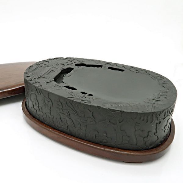 蘭亭硯 曲水の宴 古硯 中国古玩 書道具 約17.5cm 約1960g 木製上下蓋