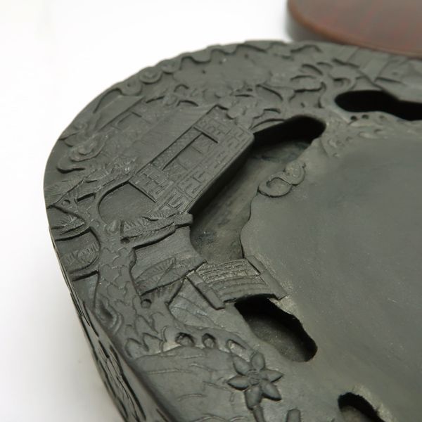 蘭亭硯 曲水の宴 古硯 中国古玩 書道具 約17.5cm 約1960g 木製上下蓋