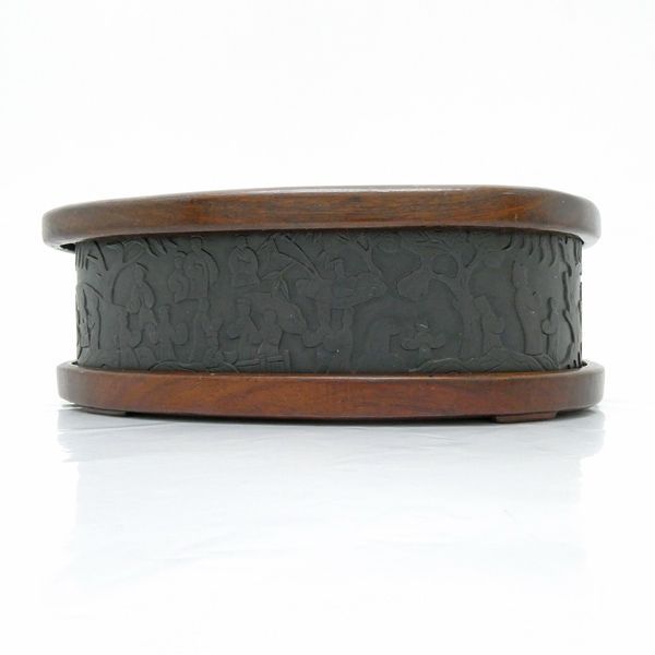 蘭亭硯 曲水の宴 古硯 中国古玩 書道具 約17.5cm 約1960g 木製上下蓋