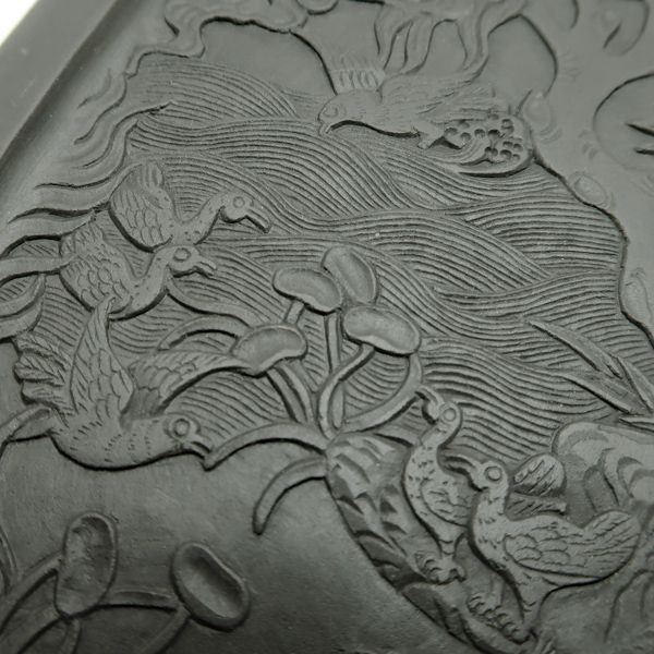 蘭亭硯 曲水の宴 古硯 中国古玩 書道具 約17.5cm 約1960g 木製上下蓋