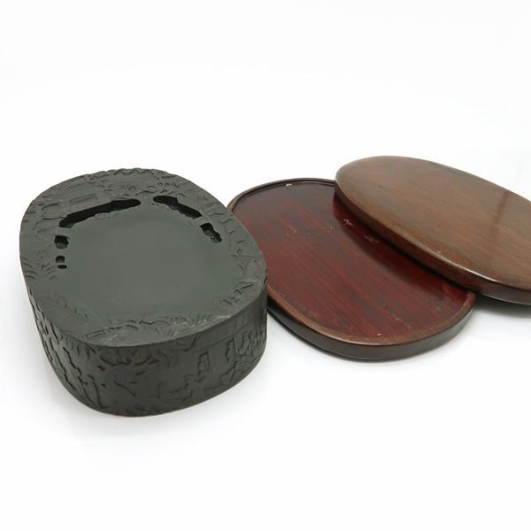 蘭亭硯 曲水の宴 古硯 中国古玩 書道具 約17.5cm 約1960g 木製上下蓋