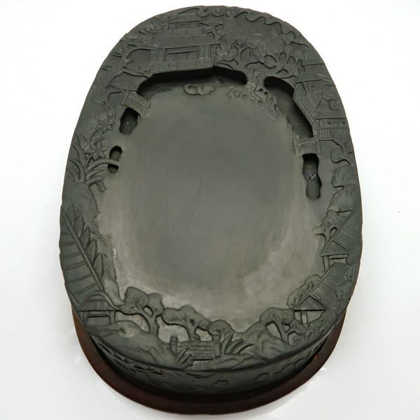 蘭亭硯 曲水の宴 古硯 中国古玩 書道具 約17.5cm 約1960g 木製上下蓋