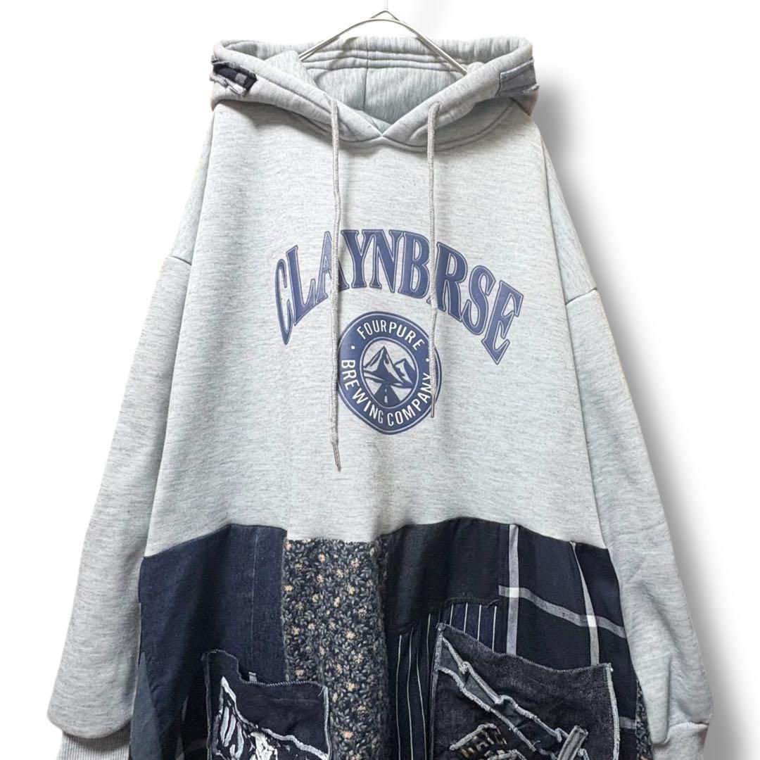 大きめ｜グレーパーカー×紺パッチワーク デニムスカート ｜古着