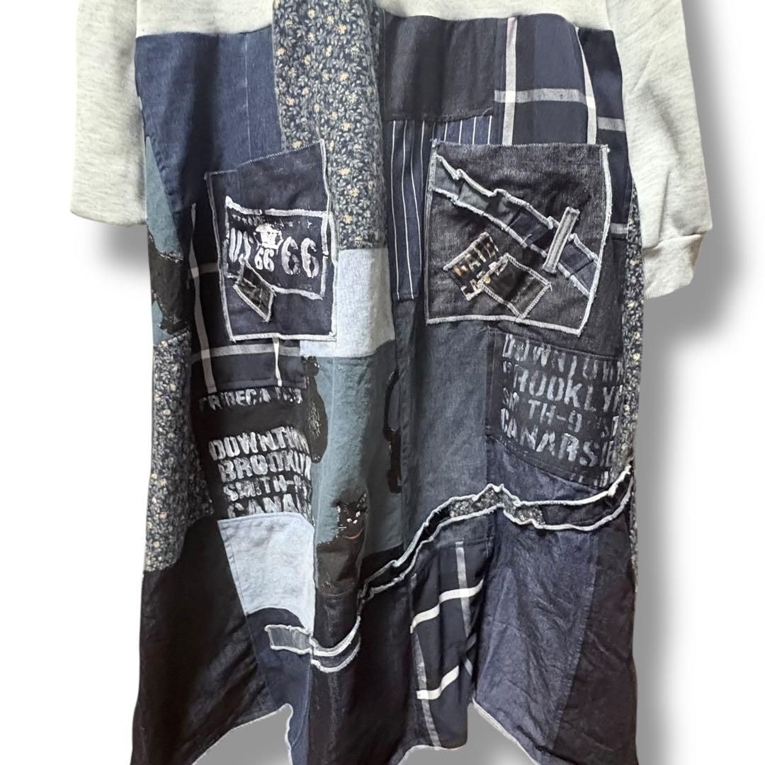 大きめ｜グレーパーカー×紺パッチワーク デニムスカート ｜古着