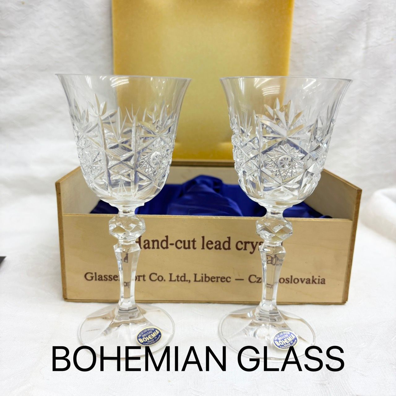 376 ボヘミア クリスタル ワイングラス 2客 ハンドカット レッド